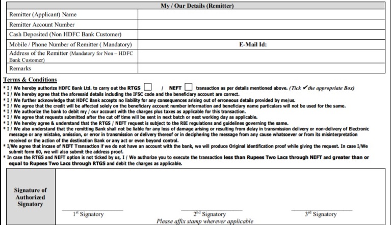 Hdfc Rtgs Form डाउनलोड और चेक कैसे भरे Hdfc Neft Form 6530