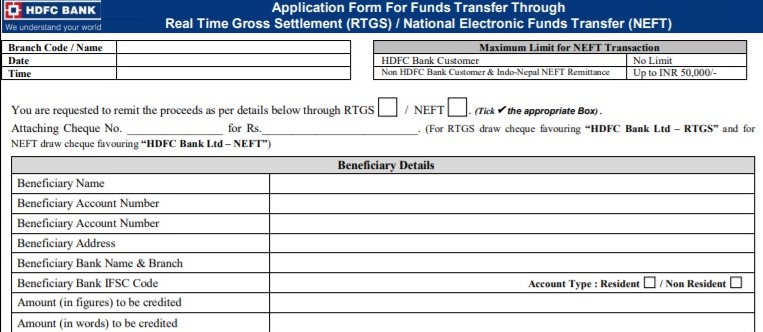 HDFC RTGS & NEFT FORM DOWNLOAD & Fill up Cheque