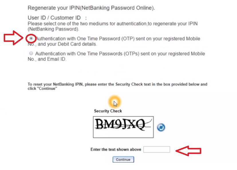 otp authentication to reset net banking password