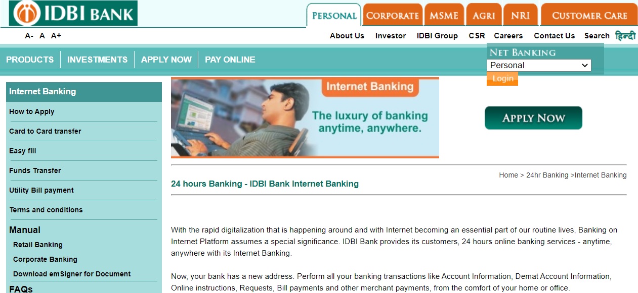 idbi personal net banking login page
