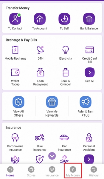 My Money option in PhonePe app
