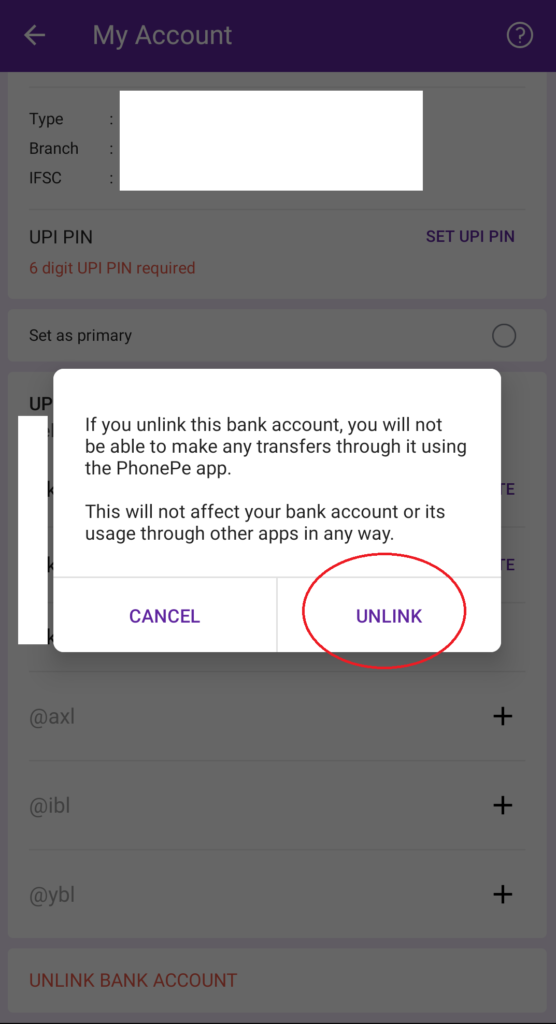 Remove Bank Account from PhonePe