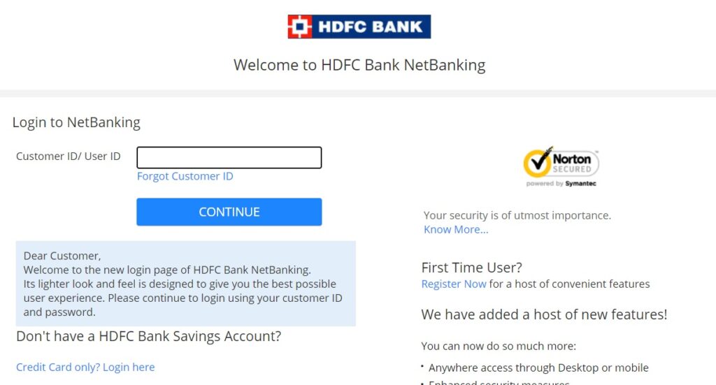 hdfc internet banking login page